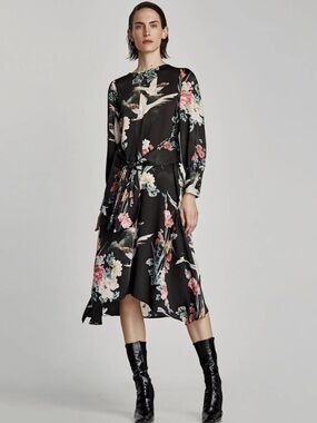 Zara Satin Bird and Floral Midi Dress with Tie Waist Whimsigoth
